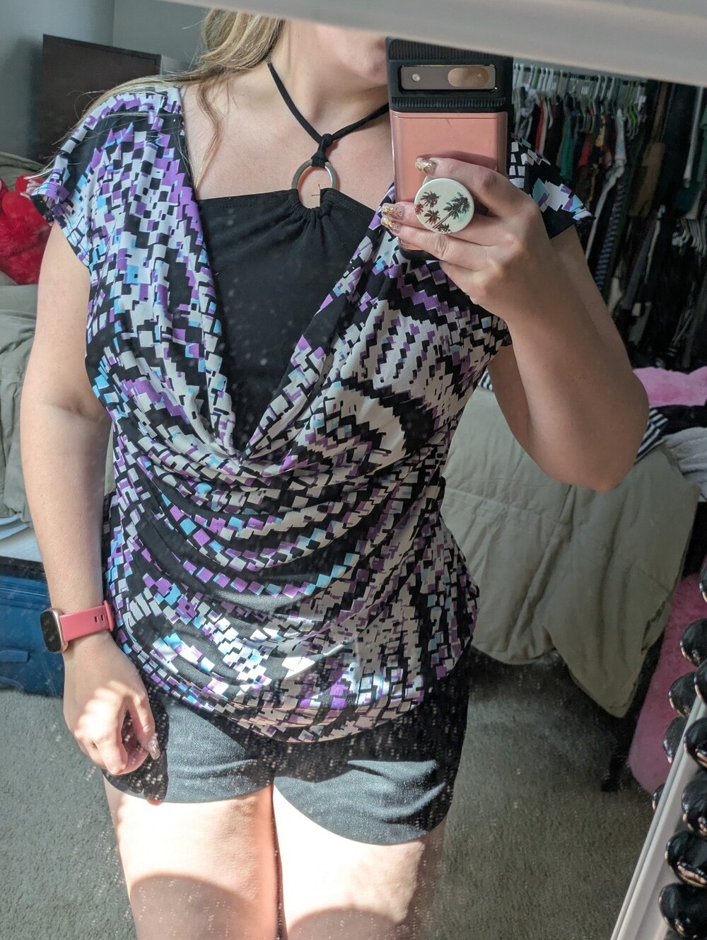 Studio Y Purple and Black Geometric Drape Neck Blouse